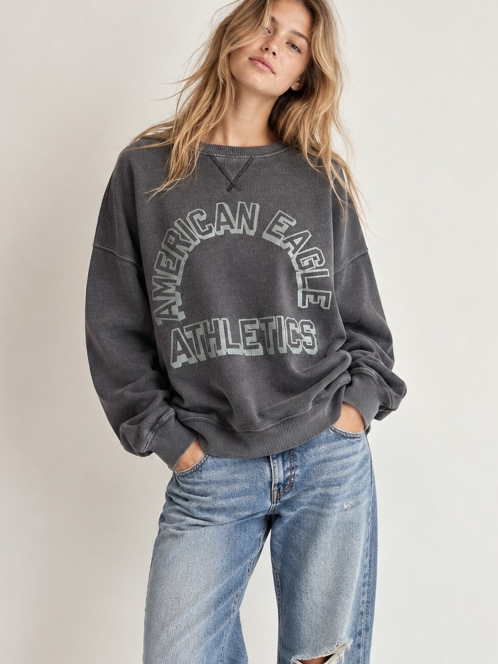 American Eagle “Seriously Lived In” Athletics Sweatshirt in Charcoal- Oversized
